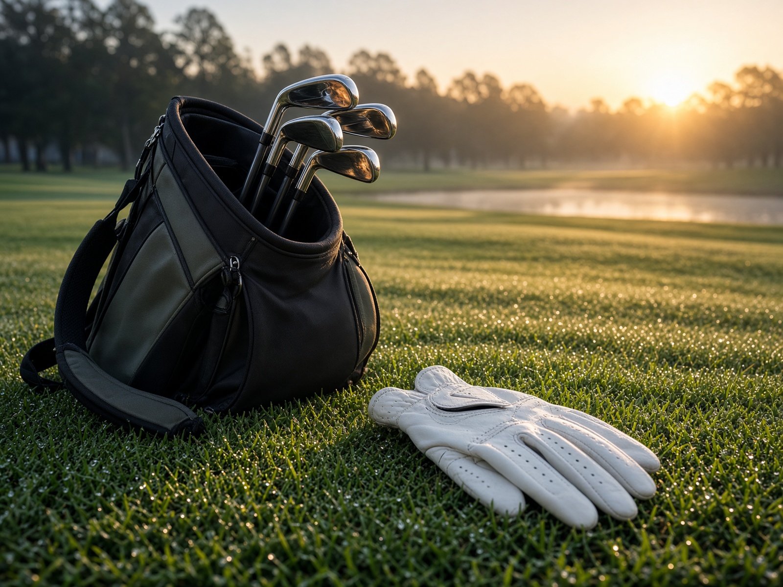 Golf bag and clubs in the morning dew