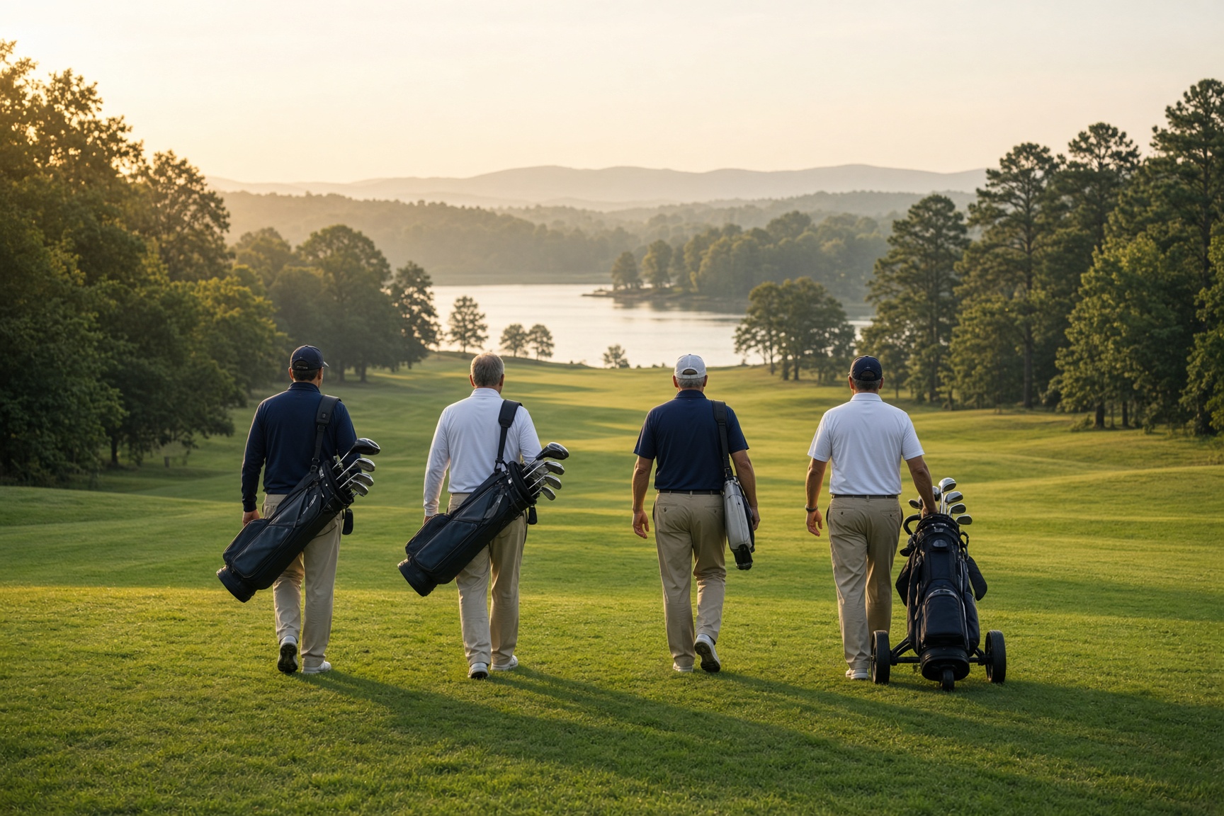 Four golfers walking a lakeside fairway